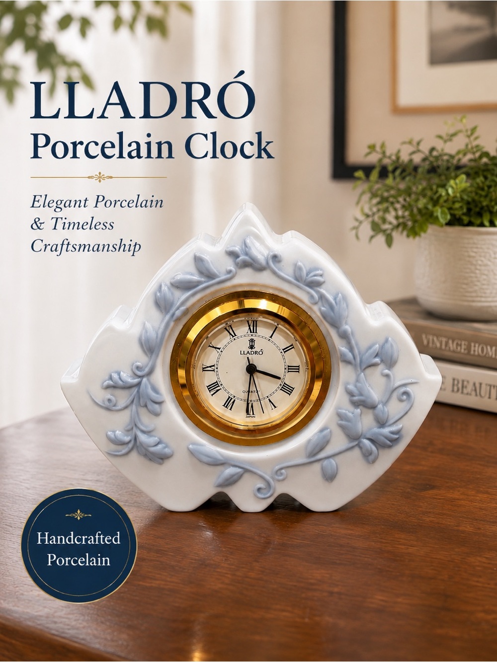 Lladró Porcelain Quartz Desk Clock – White & Pale Blue Floral Vine